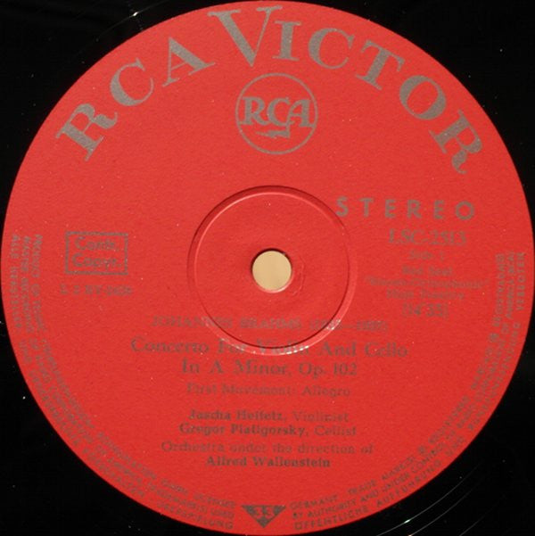 Johannes Brahms, Jascha Heifetz, Gregor Piatigorsky /Orchestra Under the Direction of Alfred Wallenstein : Concerto For Violin And Cello (LP)