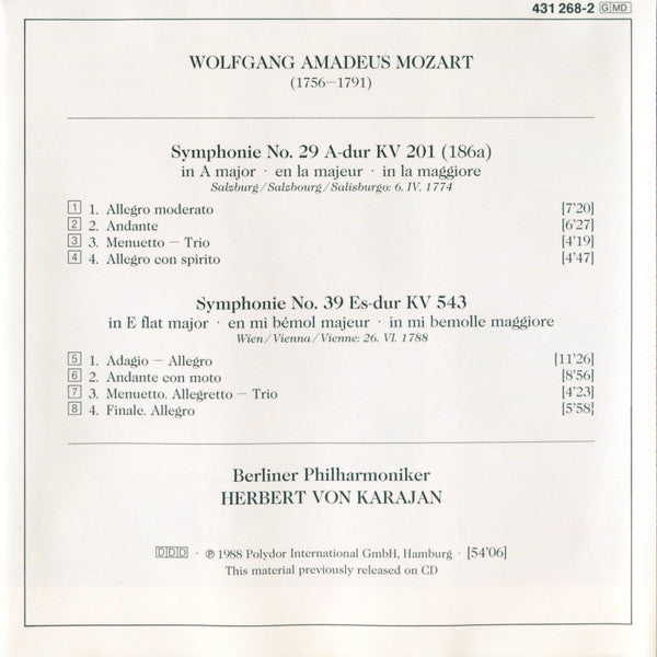 Wolfgang Amadeus Mozart / Berliner Philharmoniker, Herbert von Karajan : Symphonien Nos. 29 & 39 (CD, RE)