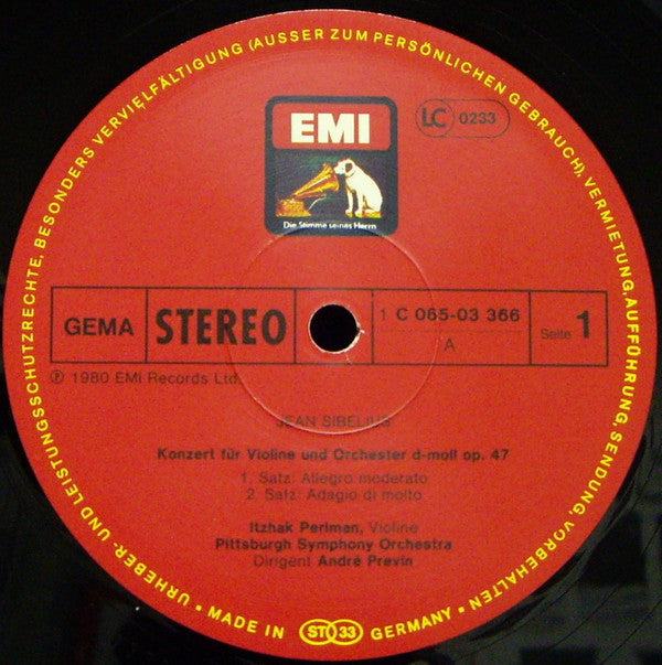 Jean Sibelius, Christian Sinding, Itzhak Perlman, André Previn, Pittsburgh Symphony Orchestra : Violinkonzert; Suite Für Violine Und Orchester Op. 10 (LP)