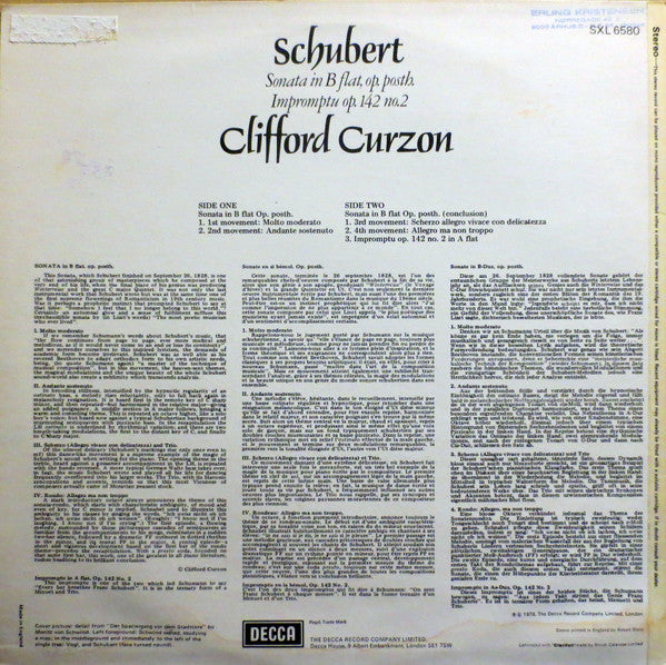 Franz Schubert, Clifford Curzon : Sonata No.21 In B Flat, D.960, Op.Posth. Imprompthu Op. 142 No. 2 (LP)