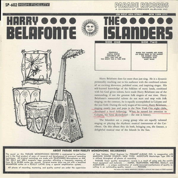 Harry Belafonte / The Islanders (6) : Harry Belafonte Sings Five Early Songs / Calypso In The Sun (LP, Mono, Hig)