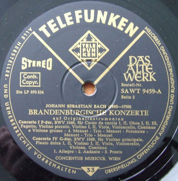 Johann Sebastian Bach : Brandenburgische Konzerte 1•3•4 Auf Originalinstrumenten 1721 (LP)