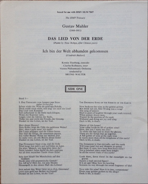 Bruno Walter Conducts Gustav Mahler - Kerstin Thorborg & Charles Kullman - Wiener Philharmoniker : Das Lied Von Der Erde (LP, Album, Mono)