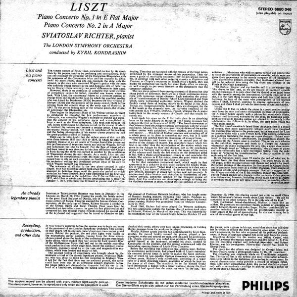 Sviatoslav Richter, Franz Liszt, London Symphony Orchestra, Kiril Kondrashin : Piano Concerto No. 1 In E Flat Major · Piano Concerto No. 2 In A Major (LP, RE)