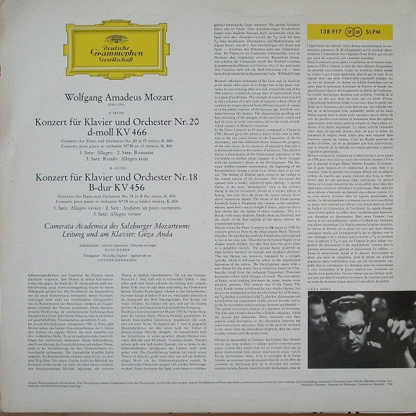 Wolfgang Amadeus Mozart / Géza Anda / Camerata Academica Salzburg : Klavierkonzerte D-Moll K V 466 • B-Dur K V 456 (LP, 1st)