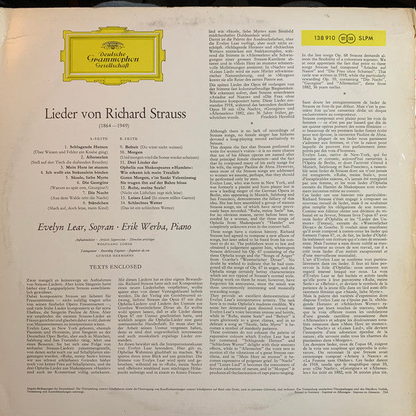 Richard Strauss - Evelyn Lear · Erik Werba : Lieder Von Richard Strauss (LP)