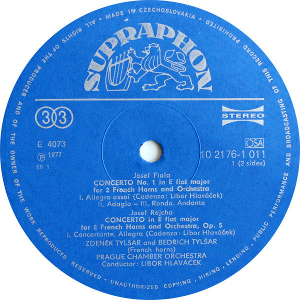 Josef Rejcha, František Antonín Rössler, Josef Fiala (2) | Zdeněk A Bedřich Tylšarové, Prague Chamber Orchestra, Libor Hlaváček : Concertos For 2 French Horns And Orchestra (LP, Album, RE)