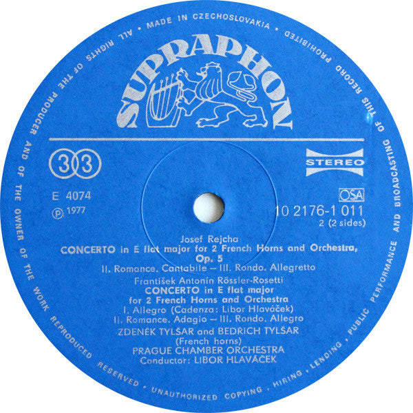 Josef Rejcha, František Antonín Rössler, Josef Fiala (2) | Zdeněk A Bedřich Tylšarové, Prague Chamber Orchestra, Libor Hlaváček : Concertos For 2 French Horns And Orchestra (LP, Album, RE)