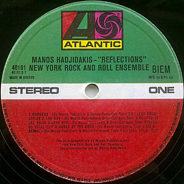 The New York Rock Ensemble Music Composed By Manos Hadjidakis : Reflections (LP, Album, RE)