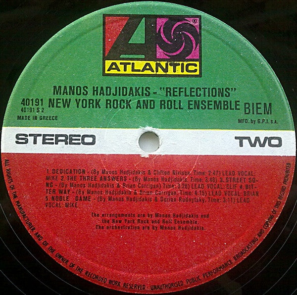 The New York Rock Ensemble Music Composed By Manos Hadjidakis : Reflections (LP, Album, RE)