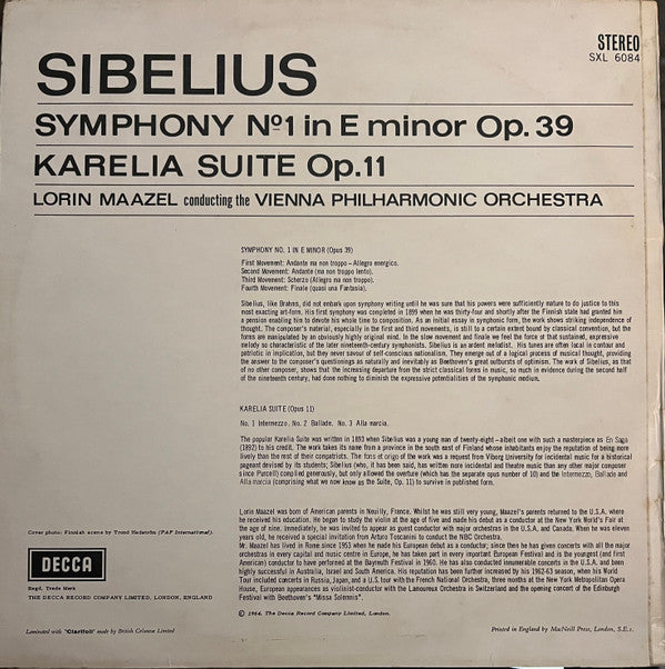 Jean Sibelius, Lorin Maazel / Wiener Philharmoniker : Symphony No. 1 / Karelia Suite (LP, Album, RP)