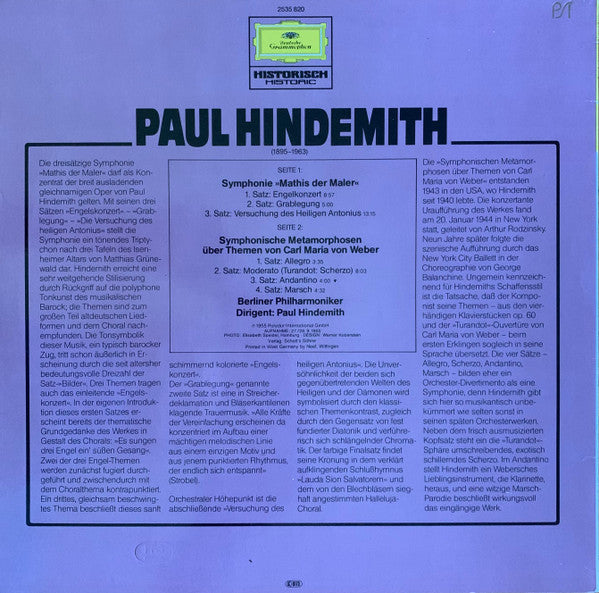 Paul Hindemith, Berliner Philharmoniker  · Paul Hindemith : Symphonie »Mathis Der Maler« / Symphonische Metamorphosen Über Themen Von Carl Maria Von Weber (LP)