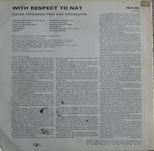 The Oscar Peterson Trio & Oscar Peterson and His Orchestra : With Respect To Nat - Oscar Peterson Sings And Plays Nat King Cole (LP)