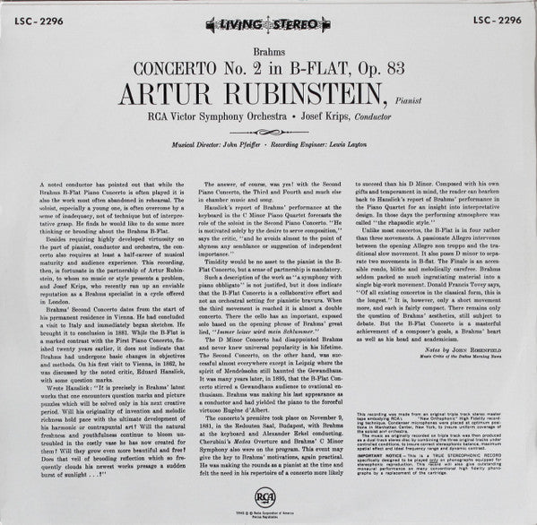 Johannes Brahms, Arthur Rubinstein, Josef Krips ... RCA Victor Symphony Orchestra : Concerto No. 2 (LP)