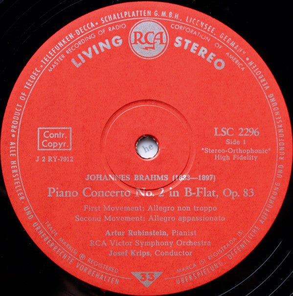 Johannes Brahms, Arthur Rubinstein, Josef Krips ... RCA Victor Symphony Orchestra : Concerto No. 2 (LP)