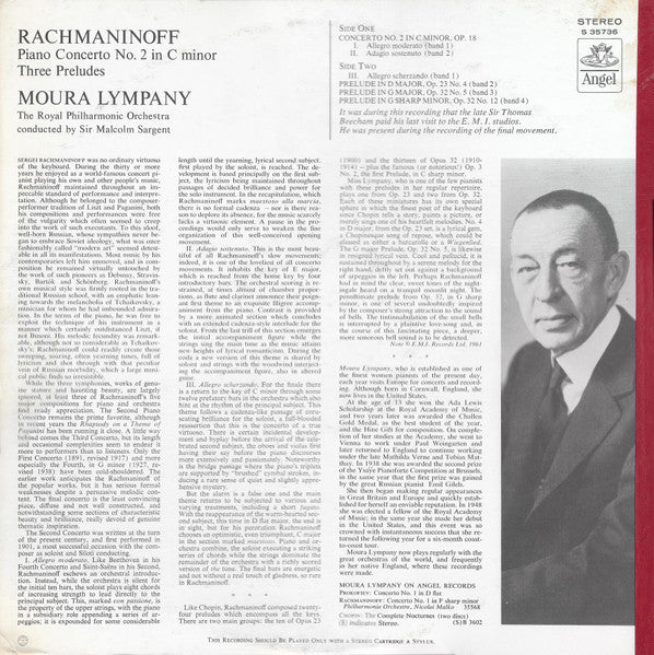 Sergei Vasilyevich Rachmaninoff, Dame Moura Lympany, Royal Philharmonic Orchestra Conducted By Sir Malcolm Sargent : Piano Concerto No. 2 In C Minor, Three Preludes (LP)