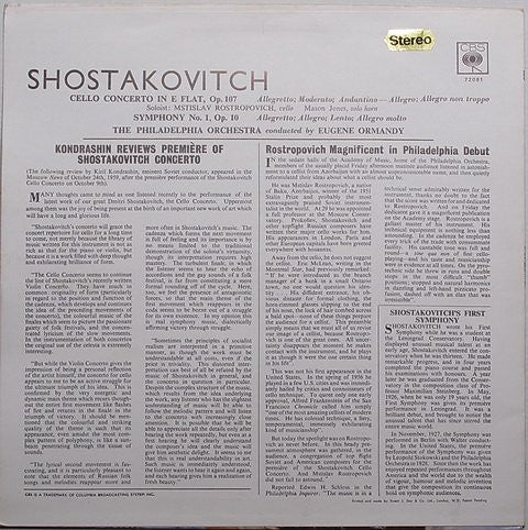 Dmitri Shostakovich - Mstislav Rostropovich, The Philadelphia Orchestra, Eugene Ormandy : Concerto For Cello In E Flat, Op. 107 / Symphony No. 1 In F Major, Op. 10 (LP, RE)