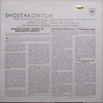 Dmitri Shostakovich - Mstislav Rostropovich, The Philadelphia Orchestra, Eugene Ormandy : Concerto For Cello In E Flat, Op. 107 / Symphony No. 1 In F Major, Op. 10 (LP, RE)