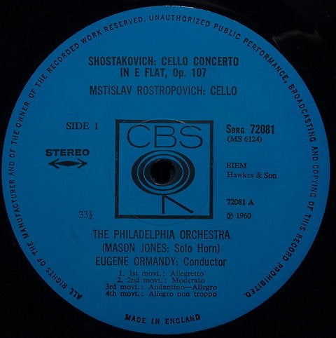 Dmitri Shostakovich - Mstislav Rostropovich, The Philadelphia Orchestra, Eugene Ormandy : Concerto For Cello In E Flat, Op. 107 / Symphony No. 1 In F Major, Op. 10 (LP, RE)