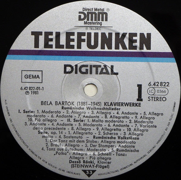 Béla Bartók, Dezső Ránki : Klavierwerke - Piano Works (LP, RP, Gat)