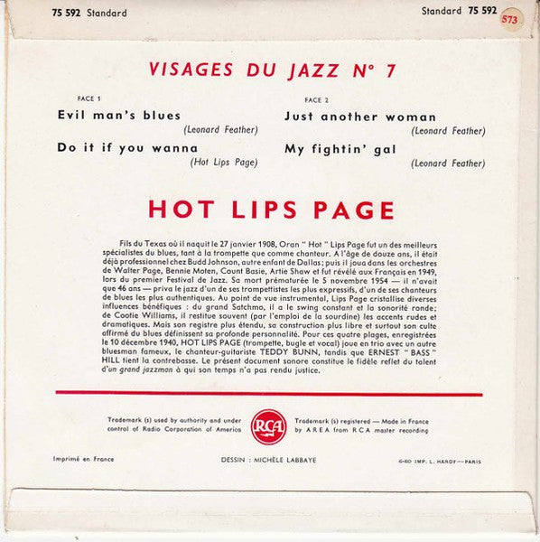 Hot Lips Page : Visages Du Jazz N° 7 (7", EP, Mono)