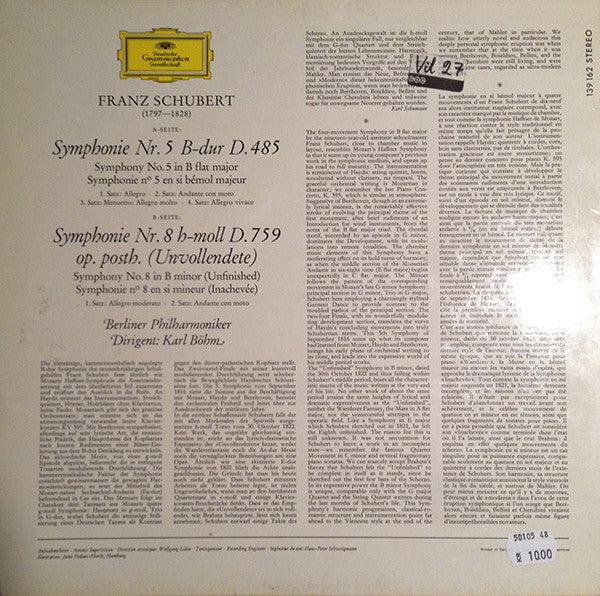 Franz Schubert • Karl Böhm, Berliner Philharmoniker : Symphonien Nr. 5 & Nr. 8 (Unvollendete · Inachevée · Unfinished) (LP, RP)