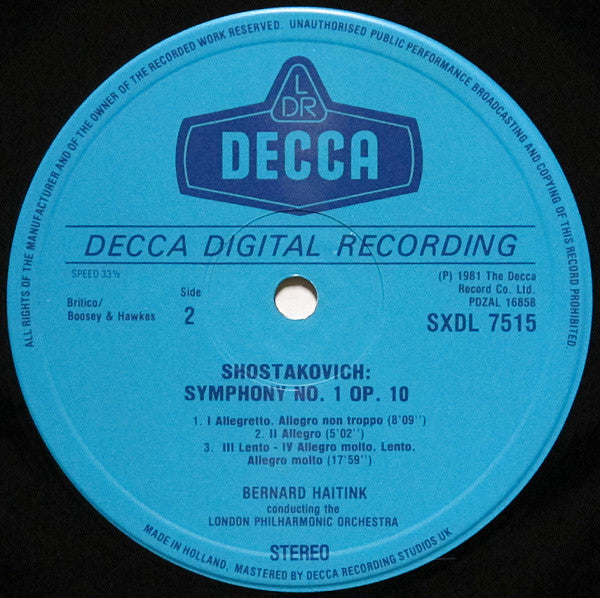 Dmitri Shostakovich, London Philharmonic Orchestra, Bernard Haitink : Symphonies 1 & 9 (LP)