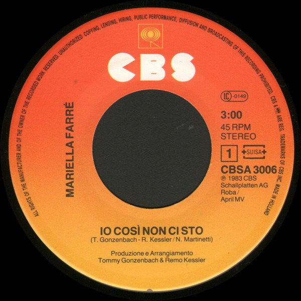 Mariella Farré : Io Così Non Ci Sto (7", Single)