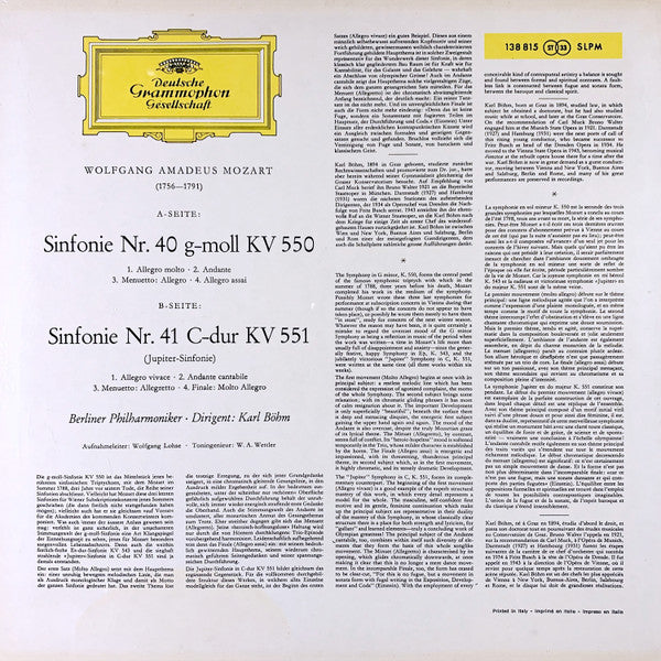 Wolfgang Amadeus Mozart • Karl Böhm, Berliner Philharmoniker : Symphonien Nr. 40 G-Moll (In G Minor) Nr. 41 Jupiter (LP)