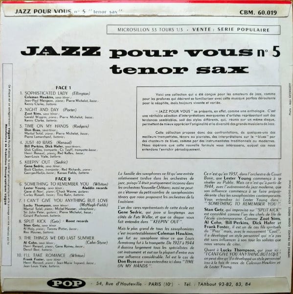 Various : Jazz Pour Vous No. 5 Tenor Sax (10", Comp)