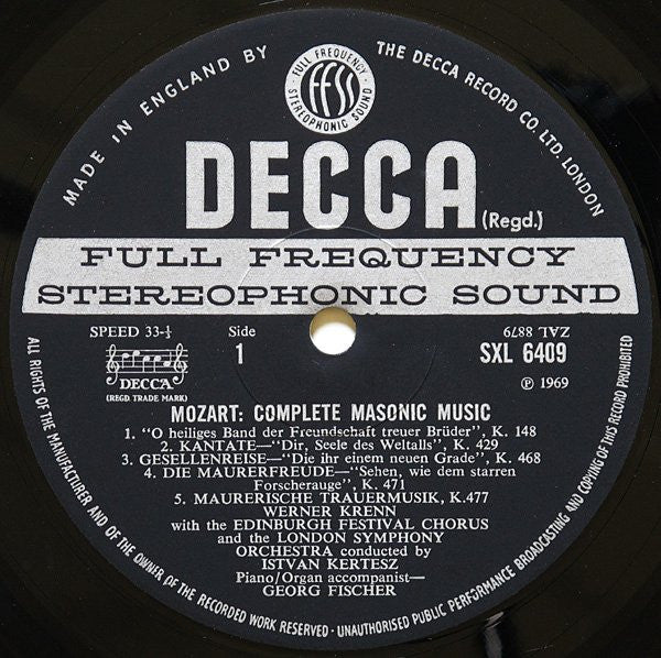Wolfgang Amadeus Mozart, Werner Krenn ∙ Tom Krause, Edinburgh Festival Chorus, London Symphony Orchestra, István Kertész : Complete Masonic Music (LP)