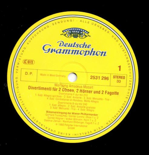 Wolfgang Amadeus Mozart - Bläservereinigung Der Wiener Philharmoniker : Divertimenti (LP)