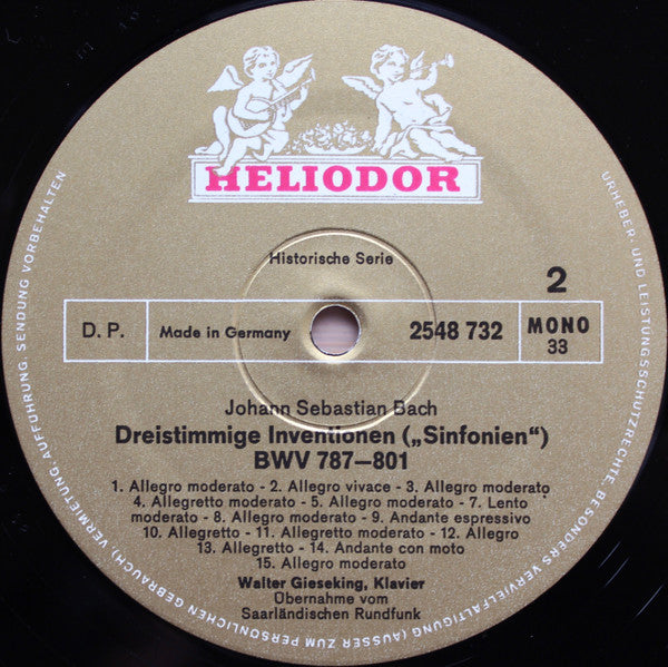 Walter Gieseking Spielt Johann Sebastian Bach : Zweistimmige Inventionen • Dreistimmige Inventionen 3 (LP, Mono)