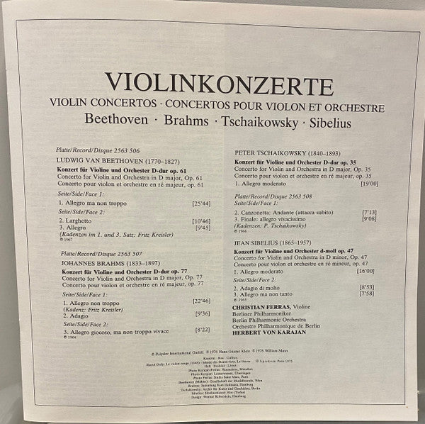 Ludwig van Beethoven - Johannes Brahms - Pyotr Ilyich Tchaikovsky - Jean Sibelius - Christian Ferras, Berliner Philharmoniker, Herbert von Karajan : Die Violinkonzerte (3xLP, Comp + Box)