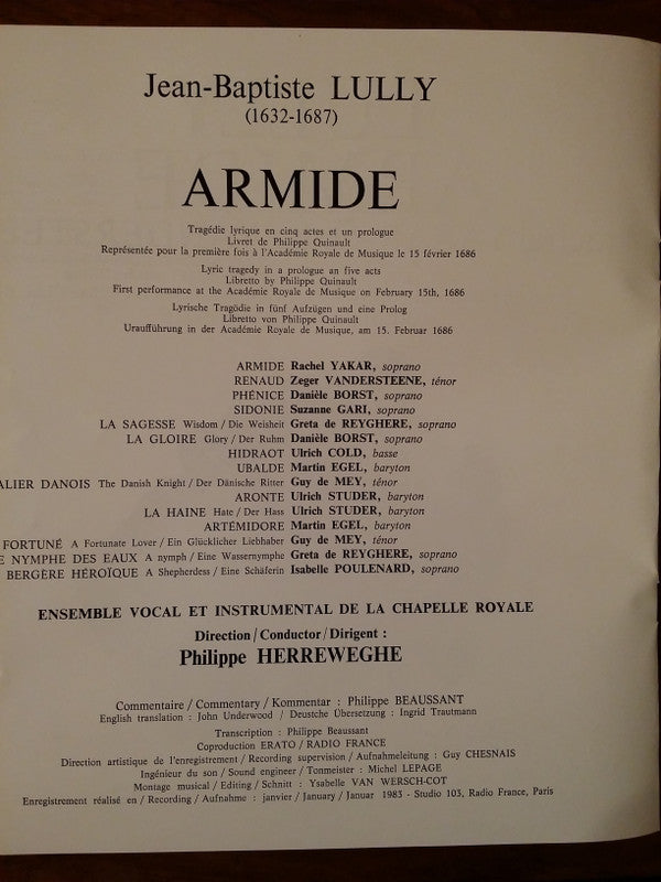 Jean-Baptiste Lully, Rachel Yakar, Zeger Vandersteene, Danielle Borst, Suzanne Gari, Isabelle Poulenard, Greta de Reyghere, Martin Egel, Guy De Mey, Ulrich Studer, Ulrik Cold, La Chapelle Royale, Philippe Herreweghe : Armide  (2xLP + Box)