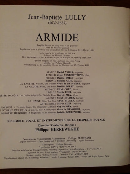 Jean-Baptiste Lully, Rachel Yakar, Zeger Vandersteene, Danielle Borst, Suzanne Gari, Isabelle Poulenard, Greta de Reyghere, Martin Egel, Guy De Mey, Ulrich Studer, Ulrik Cold, La Chapelle Royale, Philippe Herreweghe : Armide  (2xLP + Box)