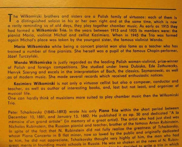 Pyotr Ilyich Tchaikovsky / Wiłkomirski Trio : Trio For Piano, Violin And Cello In A Minor, Op. 50 (LP, Album, RE)