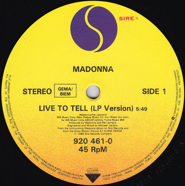 Madonna : Live To Tell (12", Maxi)