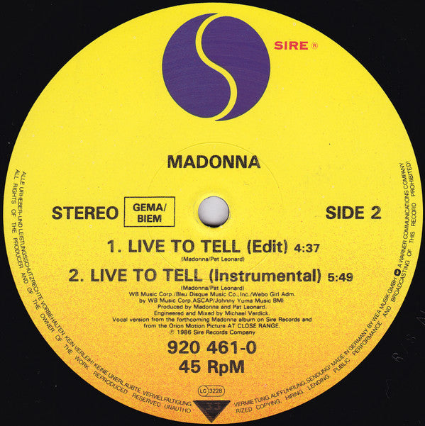 Madonna : Live To Tell (12", Maxi)