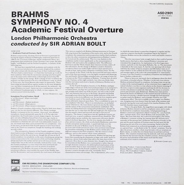 Johannes Brahms, London Philharmonic Orchestra, Sir Adrian Boult : Symphony No. 4 (LP)