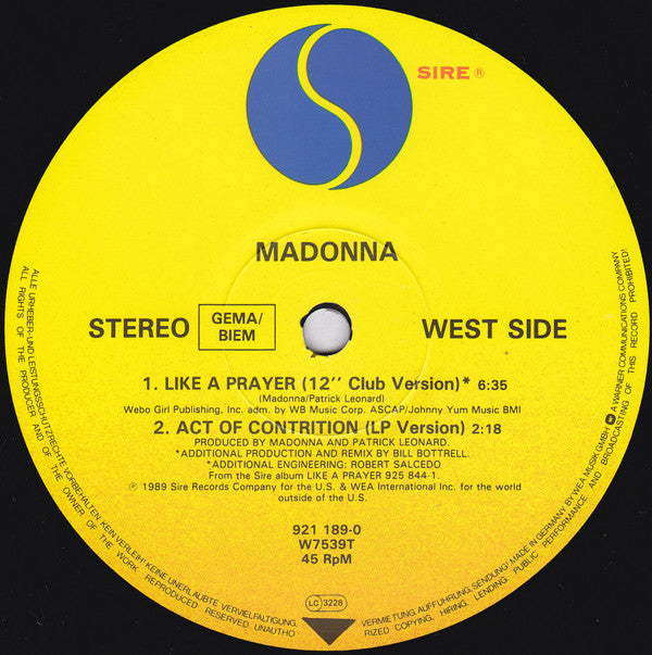 Madonna : Like A Prayer (12", Single)