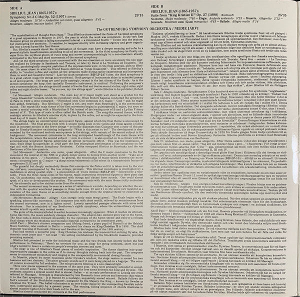 Jean Sibelius, Göteborgs Symfoniker / Neeme Järvi : Symphony No.3 C Major Op. 52 (1907) / Suite From "King Christian II" (1898) (LP)