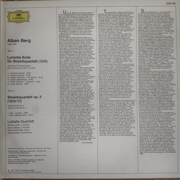 Alban Berg, Lasalle Quartet : Lyrische Suite - Streichquartett Op. 3 (Lyric Suite - String Quartett, Op. 3) (LP)