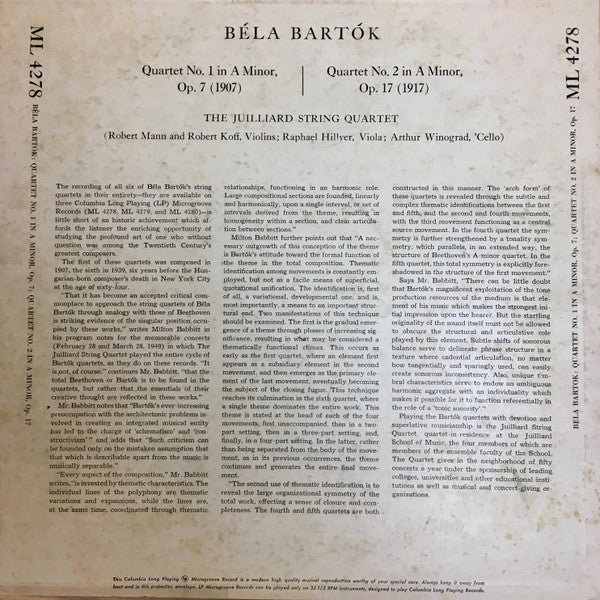 Béla Bartók - Juilliard String Quartet : Quartet No. 1 In A Minor / Quartet No. 2 In A Minor (LP, Mono)