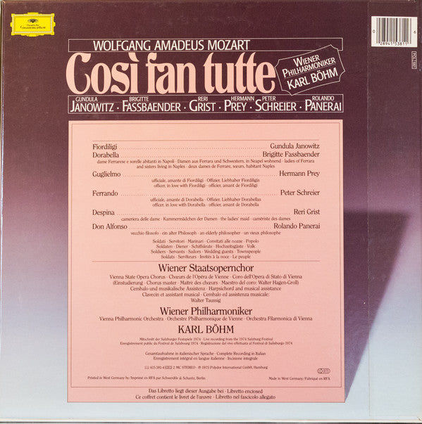 Wolfgang Amadeus Mozart - Gundula Janowitz • Brigitte Fassbaender • Reri Grist • Hermann Prey • Peter Schreier • Rolando Panerai, Wiener Philharmoniker, Karl Böhm : Così Fan Tutte (3xLP, RE + Box)