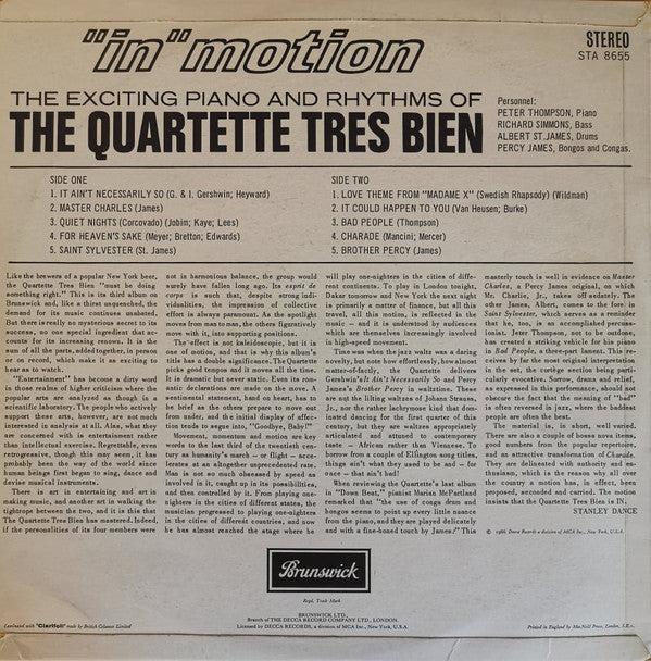 Quartette Trés Bien : "In Motion" The Exciting Piano And Rhythms (LP, Album)