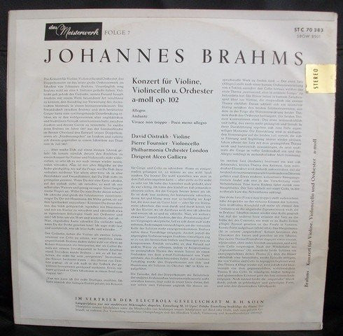 Johannes Brahms, David Oistrach, Pierre Fournier, Alceo Galliera : Konzert Für Violine, Violoncello Und Orchester A-Moll Op. 102 (10", Gat)