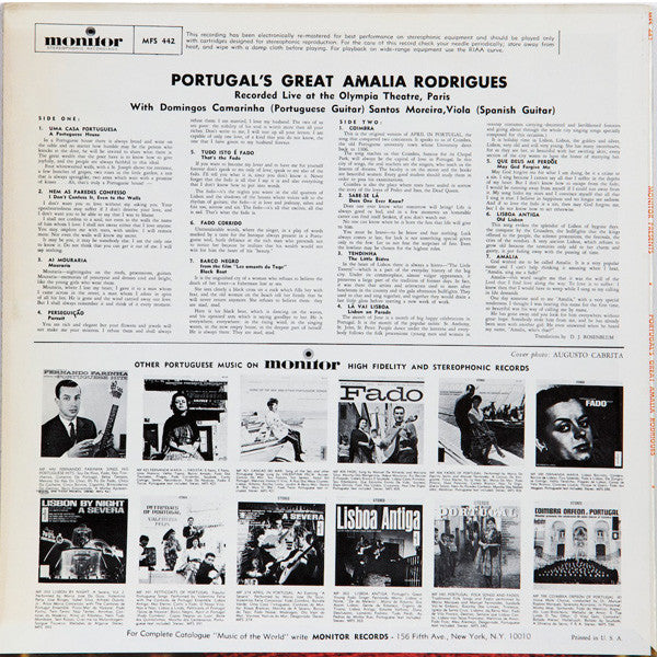 Amália Rodrigues : Portugal's Great Amalia Rodrigues (LP, Album, RM)