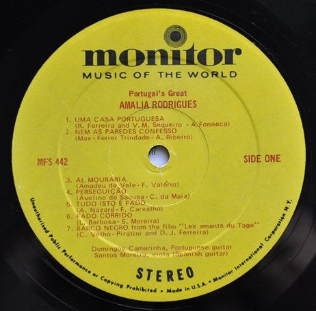 Amália Rodrigues : Portugal's Great Amalia Rodrigues (LP, Album, RM)
