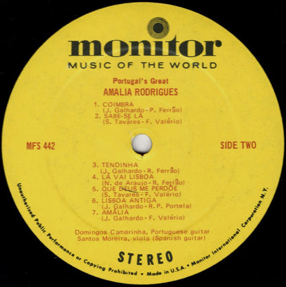Amália Rodrigues : Portugal's Great Amalia Rodrigues (LP, Album, RM)